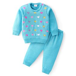 Babyhug Knitted Full Sleeves Sweater Set Heart Design - Aqua Blue