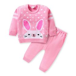 Babyhug Knitted Full Sleeves Sweater Set Bunny Design - Dark Pink
