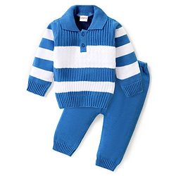 Babyhug Knitted Full Sleeves Striped Sweater Set - Blue