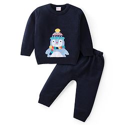Babyhug Knitted Full Sleeves Sweater Set Penguin Design - Red & Navy Blue