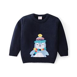 Babyhug Knitted Full Sleeves Sweater Set Penguin Design - Red & Navy Blue