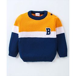 Babyhug  Knitted Full Sleeves Pullover Sweater with Alphabet Embroidery  - Blue Yellow & White