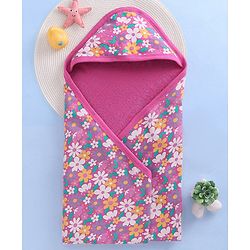 Babyhug Woven Terry Towel With Hood Floral Print L 76.2 x B 76.2 cm - Pink