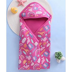 Babyhug Woven Terry Towel With Hood Animal Print L 76.2 x B 76.2 cm - Pink