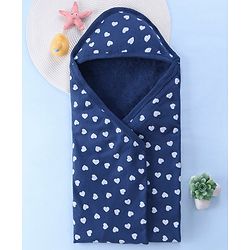 Babyhug Terry Woven Hooded Bath Towel with Heart Print L 76 X B 76 cm - Navy Blue