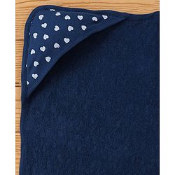 Babyhug Terry Woven Hooded Bath Towel with Heart Print L 76 X B 76 cm - Navy Blue