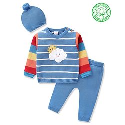Babyhug Knitted Full Sleeves Sweater Set with Cap Stripes & Sun Patch - Multicolor