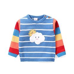 Babyhug Knitted Full Sleeves Sweater Set with Cap Stripes & Sun Patch - Multicolor