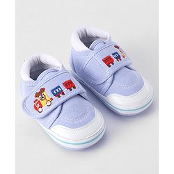 Cute Walk by Babyhug Velcro Closure Booties Train Embroidery - Blue