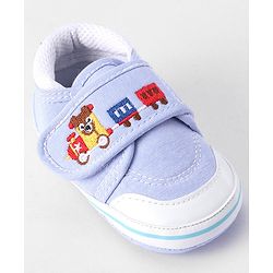 Cute Walk by Babyhug Velcro Closure Booties Train Embroidery - Blue