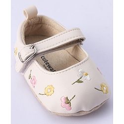 Cute Walk by Babyhug Bucled Booties Floral Embroidery - White