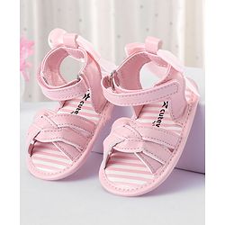 Cute Walk by Babyhug Velcro Closure Striped Booties with Bow Applique- Pink