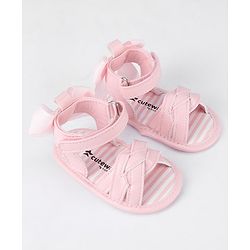 Cute Walk by Babyhug Velcro Closure Striped Booties with Bow Applique- Pink
