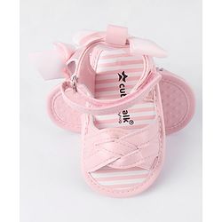 Cute Walk by Babyhug Velcro Closure Striped Booties with Bow Applique- Pink