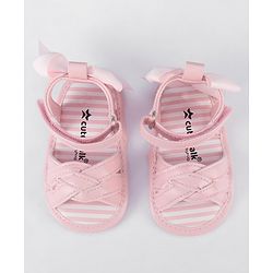 Cute Walk by Babyhug Velcro Closure Striped Booties with Bow Applique- Pink