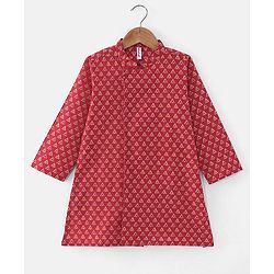 Babyhug Cotton Woven Full Sleeves Printed Dhoti Kurta Set - Red