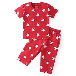 Babyhug Cotton Knit Half Sleeves Night Suit Star Print - Red