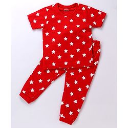 Babyhug Cotton Knit Half Sleeves Night Suit Star Print - Red