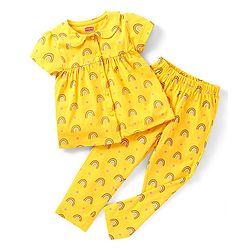 Babyhug Cotton Half Sleeves Night Suit With Rainbow Print - Yellow