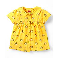 Babyhug Cotton Half Sleeves Night Suit With Rainbow Print - Yellow