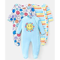 Babyhug Interlock Full Sleeve Striped Sleepsuits Smiley Print Pack of 3 - Multicolor