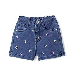 Babyhug Denim Mid Thigh Length Shorts With Stretch Butterfly Embroidery - Dark Blue