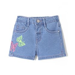 Babyhug Denim Mid Thigh Length Shorts With Stretch Butterfly Embroidery - Blue