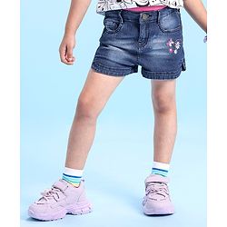 Babyhug Denim Mid Thigh Length Shorts With Stretch Butterfly & Floral Embroidery - Blue