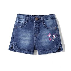 Babyhug Denim Mid Thigh Length Shorts With Stretch Butterfly & Floral Embroidery - Blue