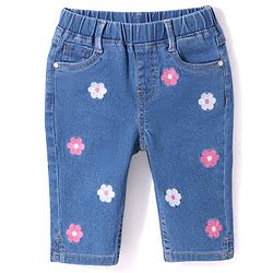 Babyhug Cotton Blend Three Fourth Length Stretchable Washed Denim Capri Floral Embroidery - Blue