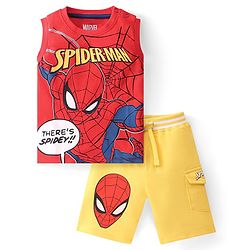 Babyhug Marvel Single Jersey Knit Sleeveless T-Shirt & Shorts With Spiderman Graphics - Red & Yellow