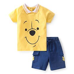 Babyhug Disney 100% Cotton Single Jersey Half Sleeve T-Shirt & Shorts With Winnie The Pooh Graphics - Yellow & Blue
