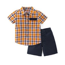Babyhug 100% Cotton Woven Half Sleeves Checked Shirt & Shorts Set  - Orange & Navy Blue