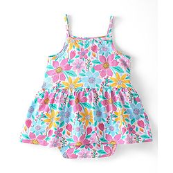 Babyhug 100% Cotton Knit Singlet Sleeves Floral Printed Frock Style Onesie - Multicolour
