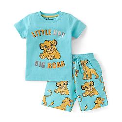 Babyhug Disney Single Jersey Knit Foil Print Half Sleeves T-Shirt & Shorts with Lion King Graphics - Sky Blue
