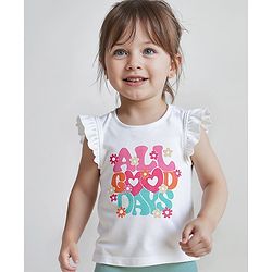 Babyhug Cotton Knit Frill Sleeves  Top With Text Print - White