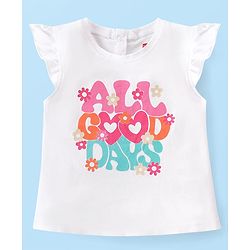 Babyhug Cotton Knit Frill Sleeves  Top With Text Print - White