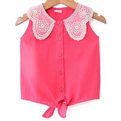 Babyhug Seersucker Sleeveless Front Open Top with Embroidery - Pink