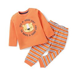 Babyhug Cotton Knit Full Sleeves Lion Printed Night Suit - Orange
