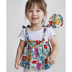 Babyhug Rayon Woven Half Sleeves Floral All Over Printed Top With Bow Applique - White