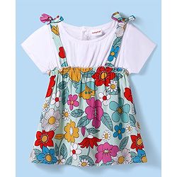 Babyhug Rayon Woven Half Sleeves Floral All Over Printed Top With Bow Applique - White