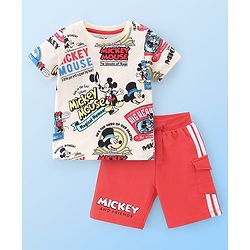Babyhug Disney Single Jersey Knit Half Sleeves T-Shirt And Shorts Set With Mickey Mouse Family Print - Off White & Red