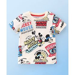Babyhug Disney Single Jersey Knit Half Sleeves T-Shirt And Shorts Set With Mickey Mouse Family Print - Off White & Red