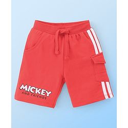 Babyhug Disney Single Jersey Knit Half Sleeves T-Shirt And Shorts Set With Mickey Mouse Family Print - Off White & Red