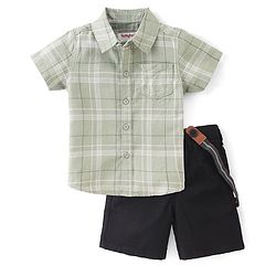 Babyhug 100% Cotton Woven Half Sleeves Checked Shirt & Shorts With  Suspender - Green & Black