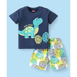 Babyhug Cotton Knit Half Sleeves Short Night Suit With Dino Print - Navy Blue