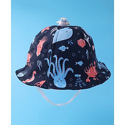 Babyhug Bucket Hat Aquatic Animal Print - Navy Blue
