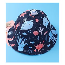 Babyhug Bucket Hat Aquatic Animal Print - Navy Blue