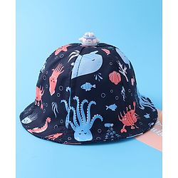 Babyhug Bucket Hat Aquatic Animal Print - Navy Blue