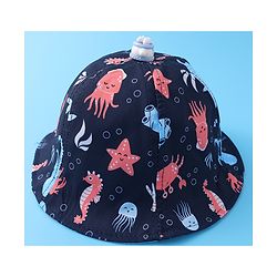 Babyhug Bucket Hat Aquatic Animal Print - Navy Blue